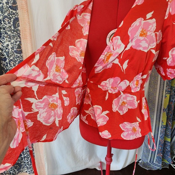 OLD NAVY Red Floral Wrap Blouse Puffy Sleeves Size L - Picture 5 of 6